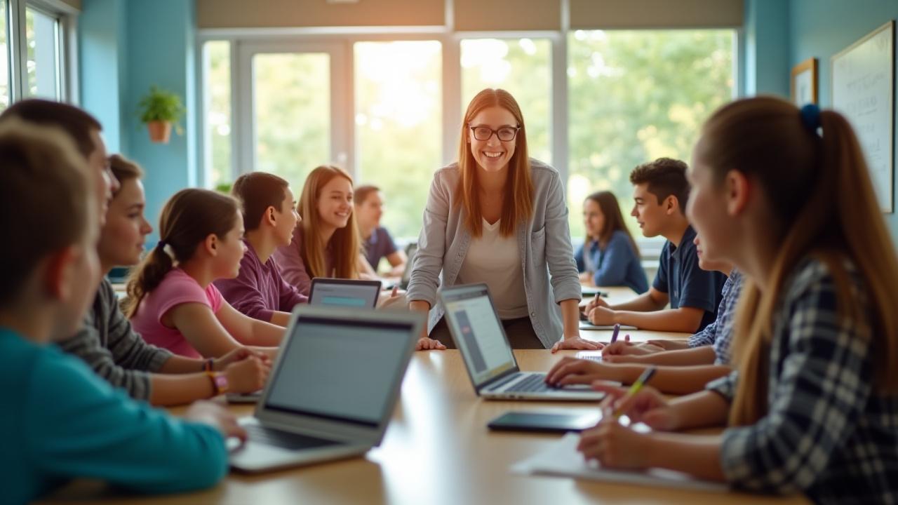 Diverse group of K-12 students engaged in a blended learning environment using laptops and collaborating