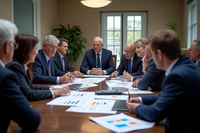 Group of diverse policy makers and academics in discussions around a large conference table, reviewing documents