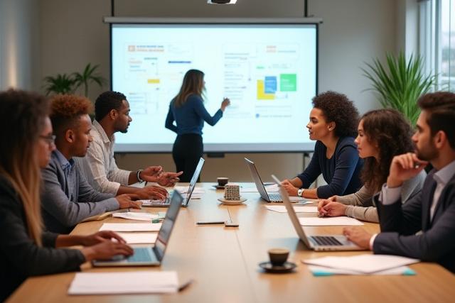 Diverse group of educators brainstorming curriculum ideas around a modern table