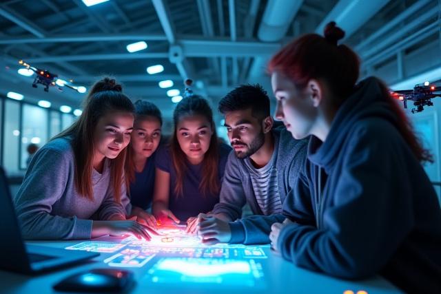 Students collaborating on a future educational project using advanced technology